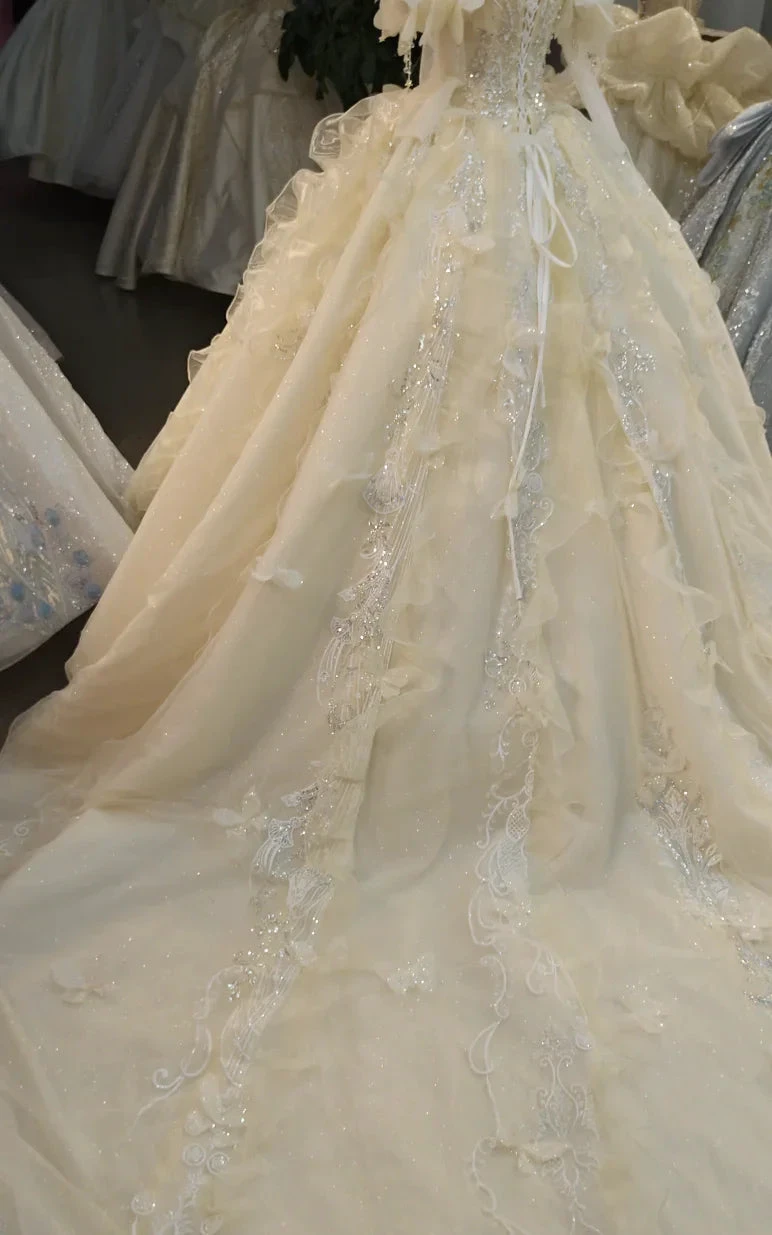 Cream Shimmer Off-Shoulder Ballgown Crystal-Embroidered Skirt & Fringed Collar by ZAPDRESS