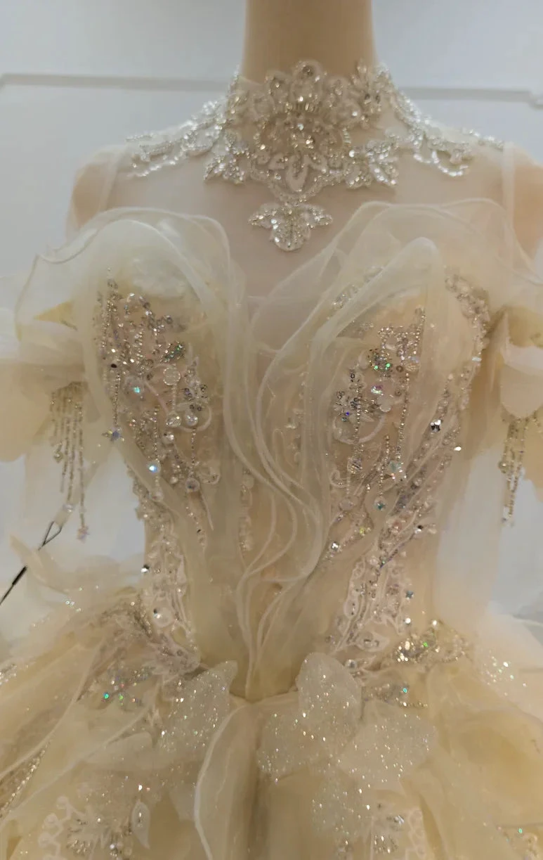Cream Shimmer Off-Shoulder Ballgown Crystal-Embroidered Skirt &amp; Fringed Collar by ZAPDRESS