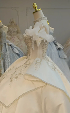 Champagne Glimmer Off-Shoulder Ballgown Crystal-Embroidered Skirt & Fringed Collar by ZAPDRESS