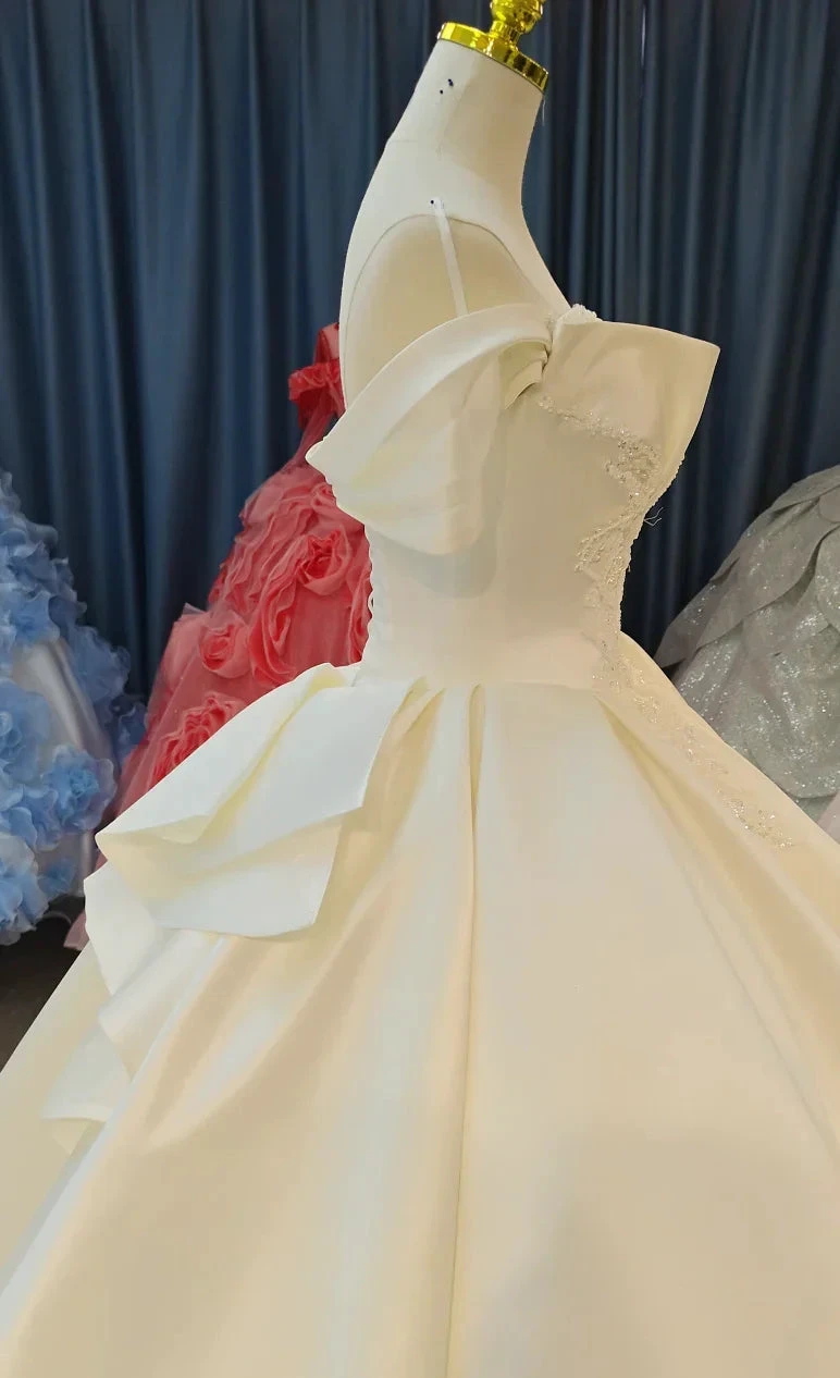 Ivory Lustre Off-Shoulder Ballgown Pearl-Embroidered Bodice & Cathedral Satin Train by ZAPDRESS