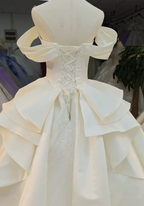 Ivory Lustre Off-Shoulder Ballgown Pearl-Embroidered Bodice & Cathedral Satin Train by ZAPDRESS
