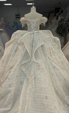 Ivory Starlight Off-Shoulder Ballgown Celestial Sequin Skirt & Beaded Tassel Bodice by ZAPDRESS