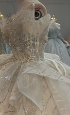 Ivory Starlight Off-Shoulder Ballgown Celestial Sequin Skirt & Beaded Tassel Bodice by ZAPDRESS