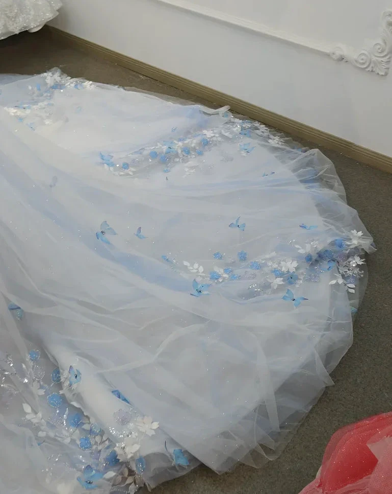 Enchanting Light Blue Ball Gown Strapless Beaded Mesh Wedding Dress with 3D Butterfly Accents Ye-2016 by ZAPDRESS