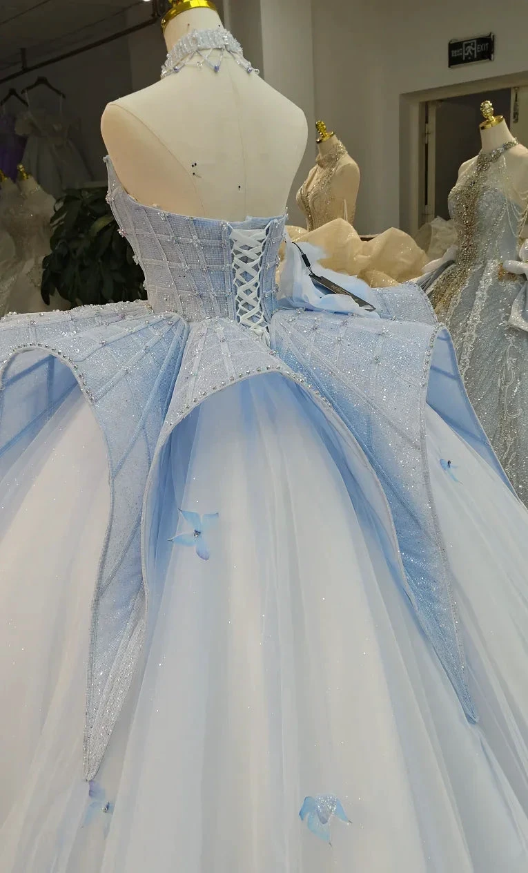 Enchanting Light Blue Ball Gown Strapless Beaded Mesh Wedding Dress with 3D Butterfly Accents Ye-2016 by ZAPDRESS