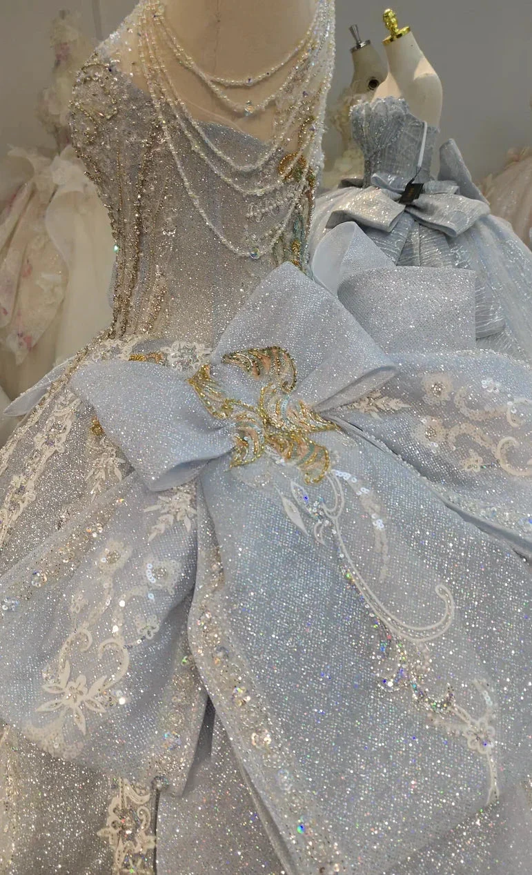 Regal Silver-Gold Ball Gown Halter Neck Beaded Embroidery Wedding Dress with Oversized Bows Ye-2018 by ZAPDRESS