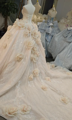 Romantic Blush Ball Gown Strapless 3D Rose Embellished Beaded Wedding Dress with Sparkling Train Ye-2019 by ZAPDRESS