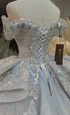 Gorgeous Silver Sequin Off-the-Shoulder Ball Gown Wedding Dress with Crystal Embroidery & Giant Bow Train Ye-2020 by ZAPDRESS