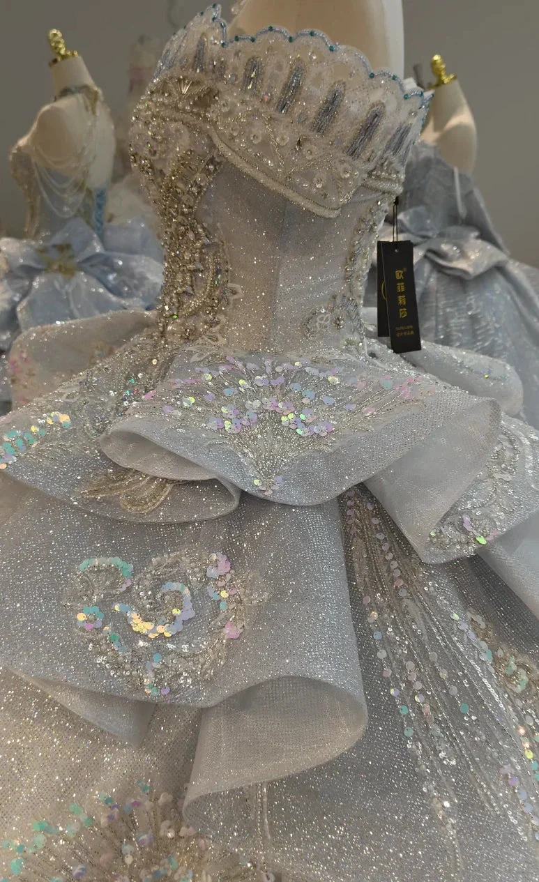 Gorgeous Silver Sequin Off-the-Shoulder Ball Gown Wedding Dress with Crystal Embroidery & Giant Bow Train Ye-2020 by ZAPDRESS