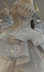 Gorgeous Silver Sequin Off-the-Shoulder Ball Gown Wedding Dress with Crystal Embroidery & Giant Bow Train Ye-2020 by ZAPDRESS