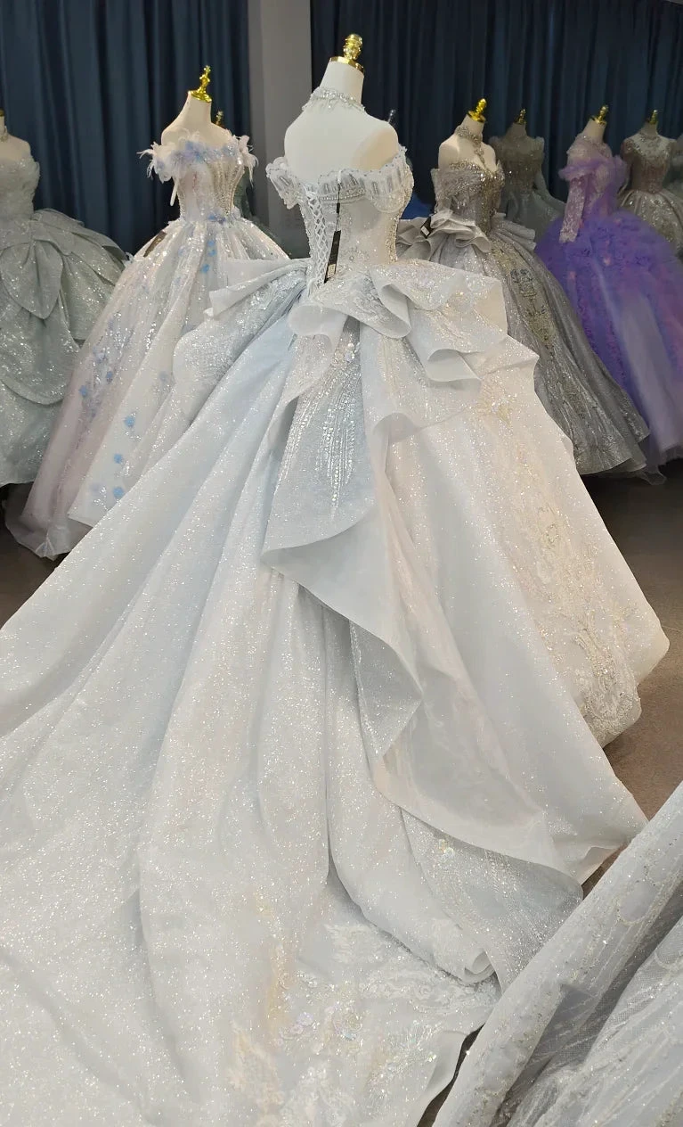 Gorgeous Silver Sequin Off-the-Shoulder Ball Gown Wedding Dress with Crystal Embroidery & Giant Bow Train Ye-2020 by ZAPDRESS