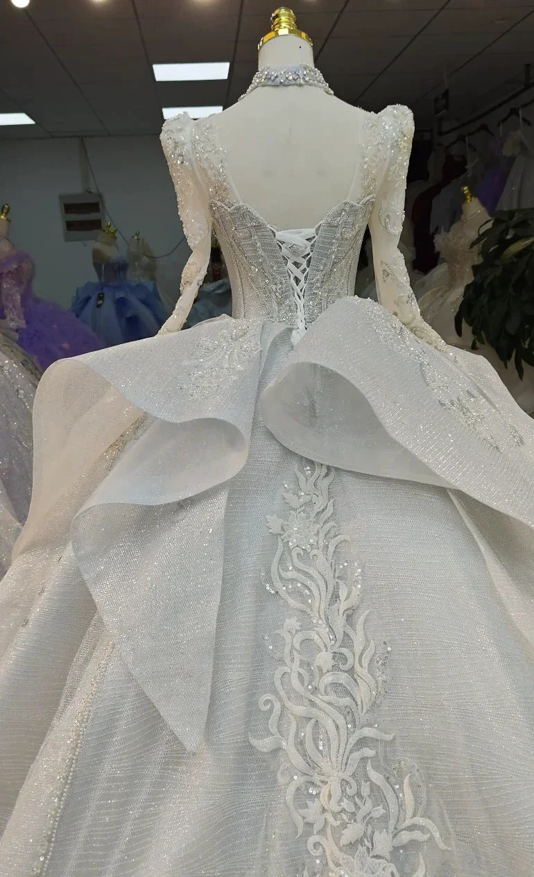 Gorgeous High-Neck Sequin Ball Gown Wedding Dress with Crystal Embroidery & Sheer Long Sleeves Ye-2021 by ZAPDRESS