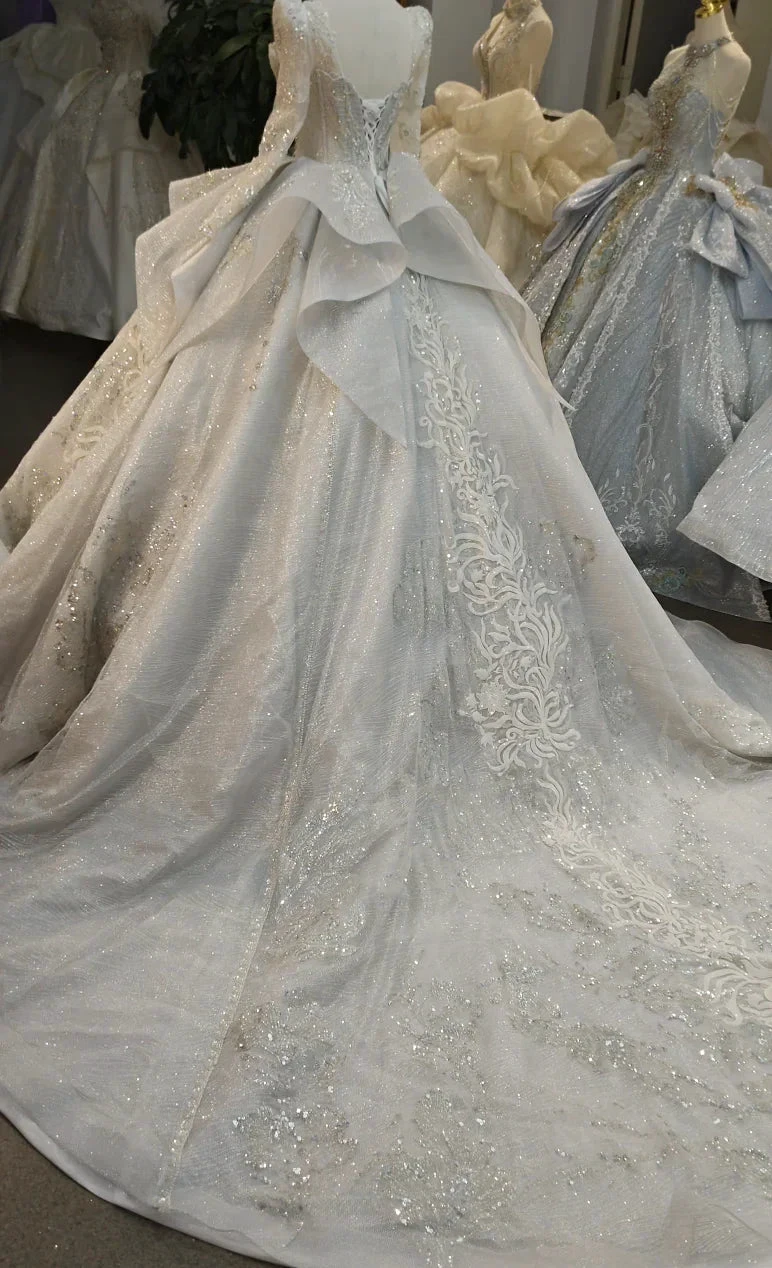 Gorgeous High-Neck Sequin Ball Gown Wedding Dress with Crystal Embroidery & Sheer Long Sleeves Ye-2021 by ZAPDRESS