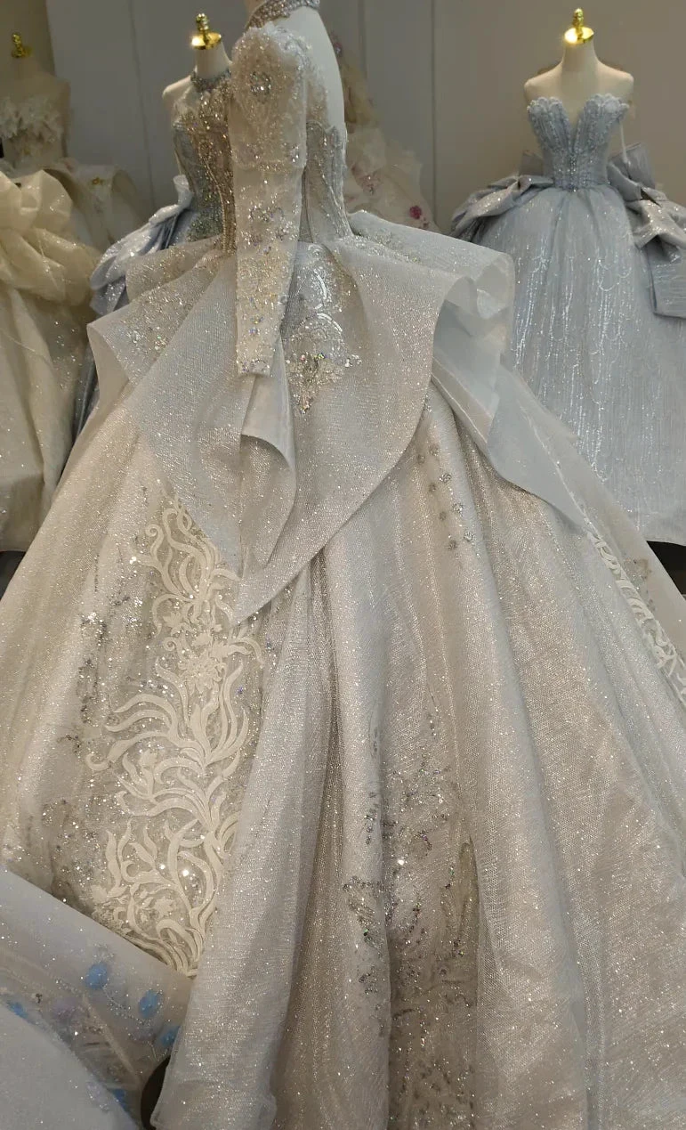 Gorgeous High-Neck Sequin Ball Gown Wedding Dress with Crystal Embroidery & Sheer Long Sleeves Ye-2021 by ZAPDRESS