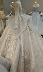 Gorgeous High-Neck Sequin Ball Gown Wedding Dress with Crystal Embroidery & Sheer Long Sleeves Ye-2021 by ZAPDRESS
