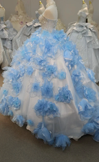 Enchanting Light Blue Strapless Ball Gown Wedding Dress with Crystal Beaded Bodice & 3D Organza Flowers Ye-2024 by ZAPDRESS