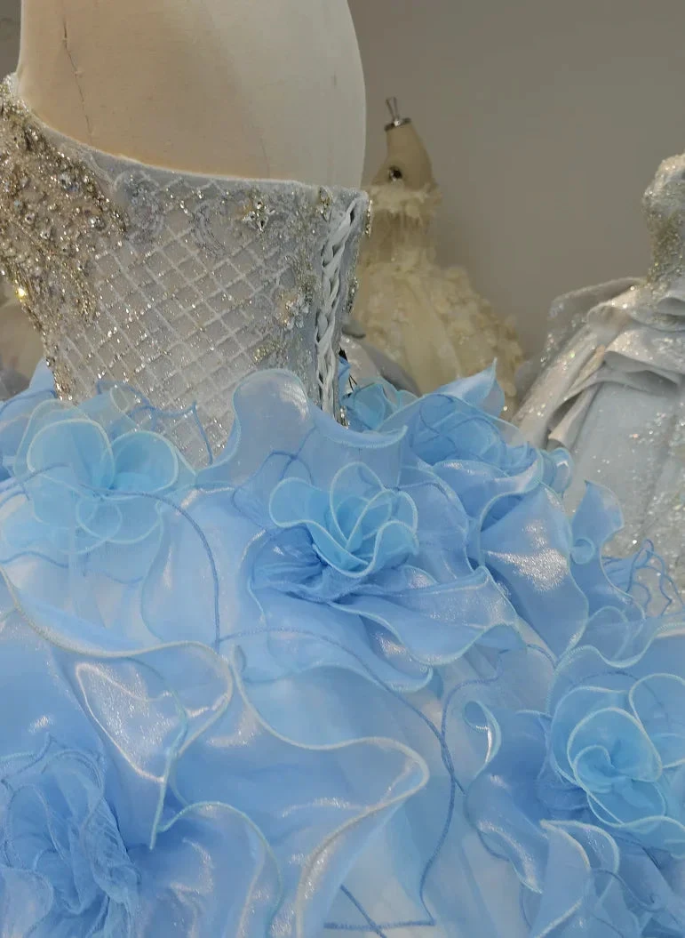 Enchanting Light Blue Strapless Ball Gown Wedding Dress with Crystal Beaded Bodice & 3D Organza Flowers Ye-2024 by ZAPDRESS