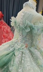 Fairy-Tale Mint Green High-Neck Ball Gown Wedding Dress with 3D Organza Flowers & Crystal Embroidery Ye-2025 by ZAPDRESS