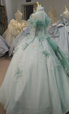 Fairy-Tale Mint Green High-Neck Ball Gown Wedding Dress with 3D Organza Flowers & Crystal Embroidery Ye-2025 by ZAPDRESS