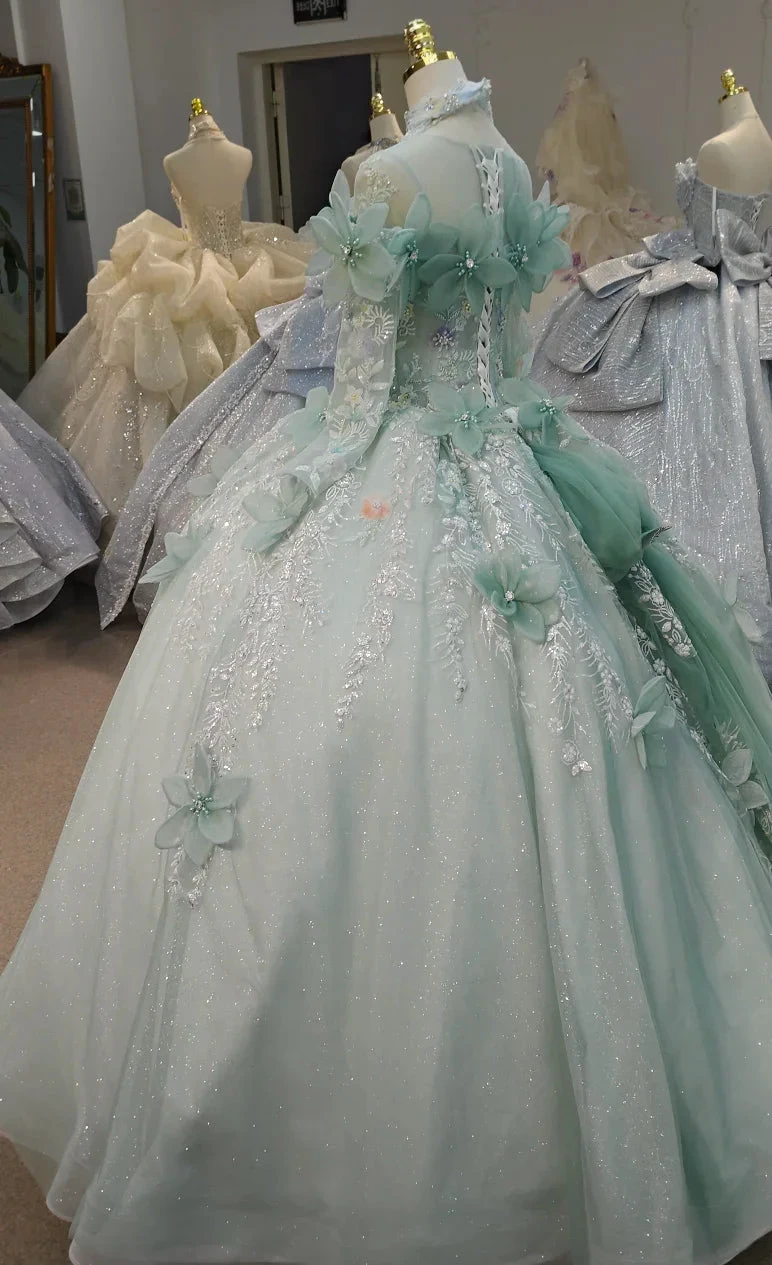 Fairy-Tale Mint Green High-Neck Ball Gown Wedding Dress with 3D Organza Flowers & Crystal Embroidery Ye-2025 by ZAPDRESS