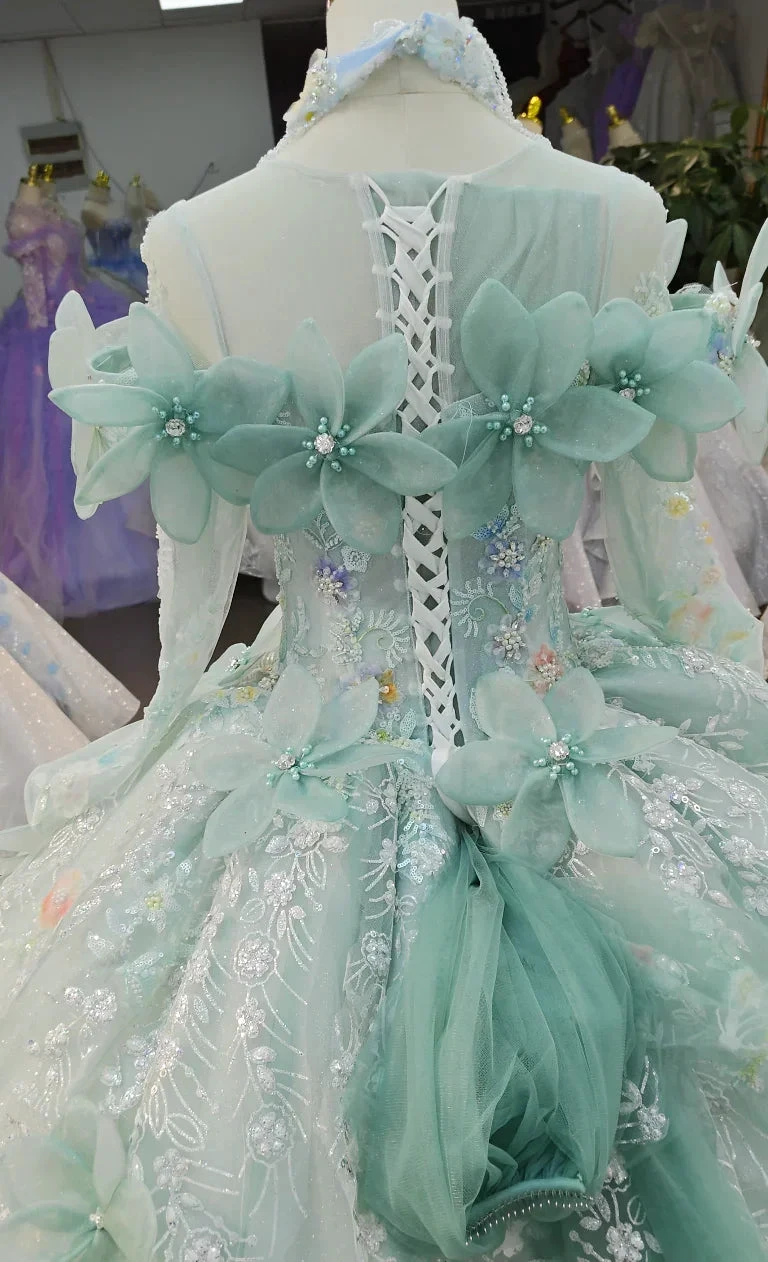Fairy-Tale Mint Green High-Neck Ball Gown Wedding Dress with 3D Organza Flowers & Crystal Embroidery Ye-2025 by ZAPDRESS