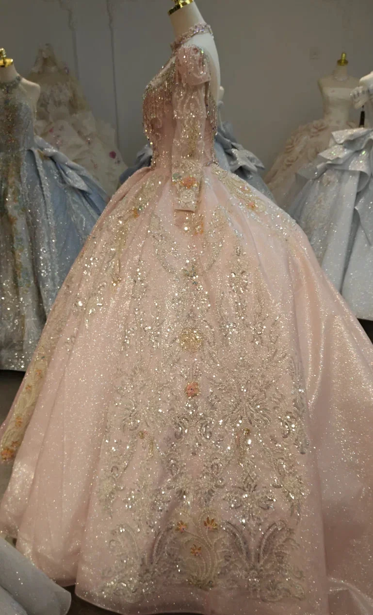 Lavish Blush Pink High-Neck Ball Gown Wedding Dress with Beaded Fringe & 3D Floral Embroidery Ye-2026 by ZAPDRESS