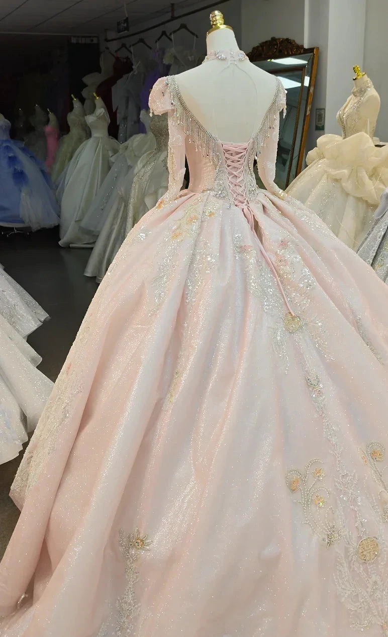 Lavish Blush Pink High-Neck Ball Gown Wedding Dress with Beaded Fringe & 3D Floral Embroidery Ye-2026 by ZAPDRESS