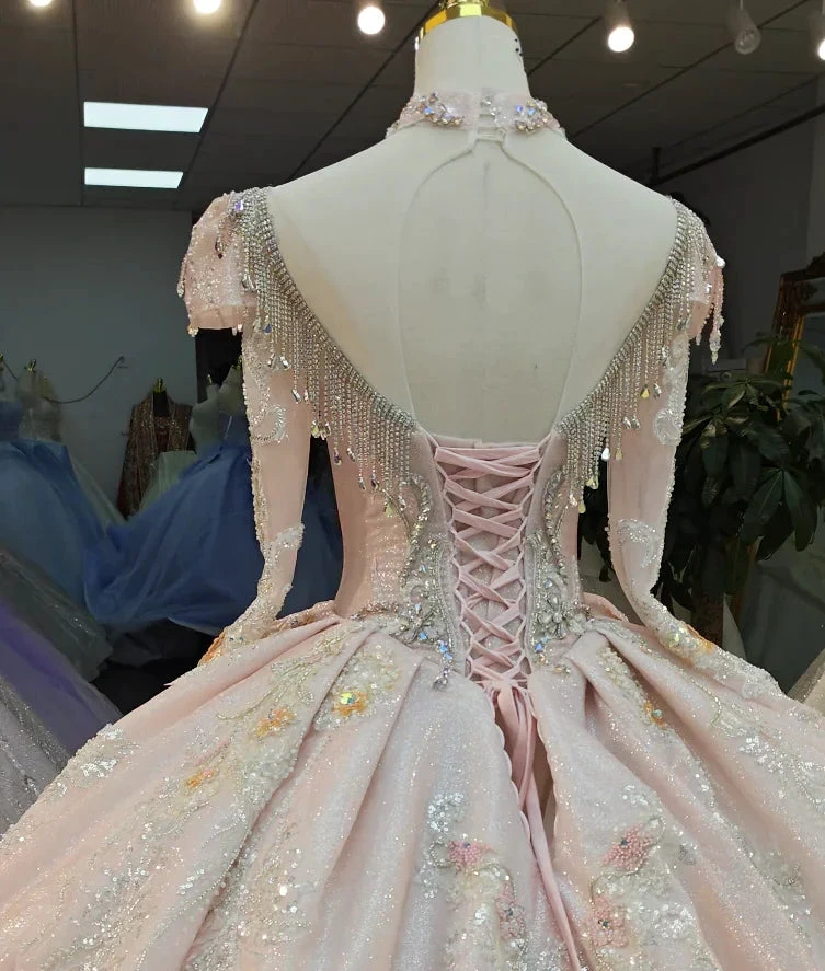 Lavish Blush Pink High-Neck Ball Gown Wedding Dress with Beaded Fringe & 3D Floral Embroidery Ye-2026 by ZAPDRESS