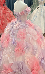 Enchanting Pastel Pink & Purple Off-the-Shoulder Ball Gown Wedding Dress with 3D Glitter Flowers & Crystal Collar Ye-2027 by ZAPDRESS