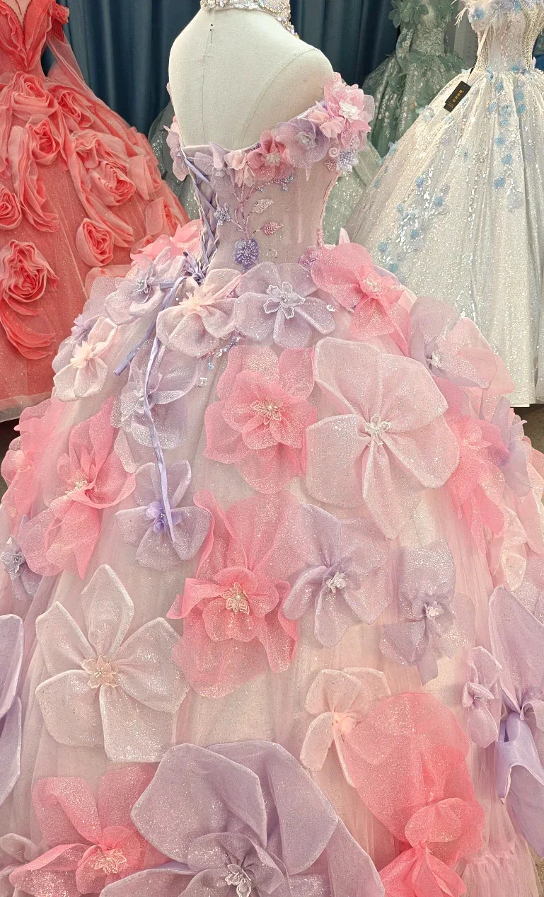 Enchanting Pastel Pink & Purple Off-the-Shoulder Ball Gown Wedding Dress with 3D Glitter Flowers & Crystal Collar Ye-2027 by ZAPDRESS