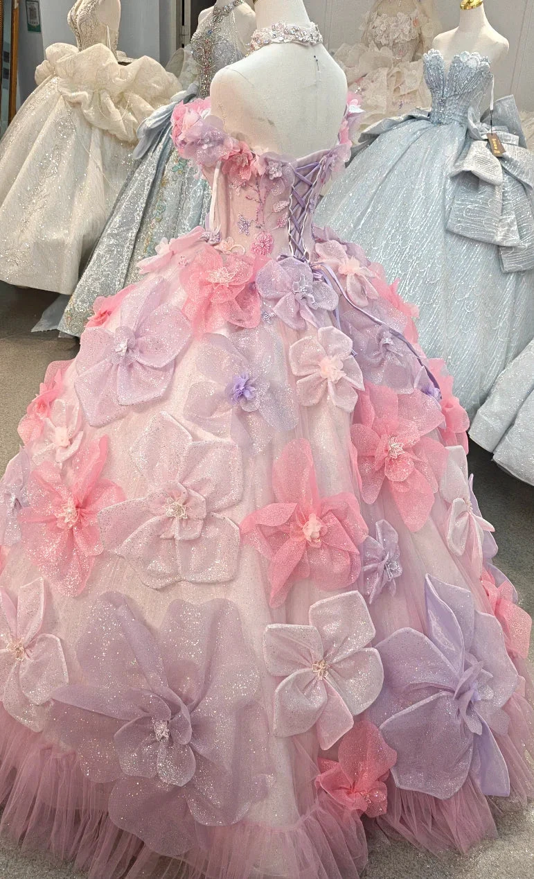 Enchanting Pastel Pink & Purple Off-the-Shoulder Ball Gown Wedding Dress with 3D Glitter Flowers & Crystal Collar Ye-2027 by ZAPDRESS