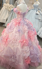 Enchanting Pastel Pink & Purple Off-the-Shoulder Ball Gown Wedding Dress with 3D Glitter Flowers & Crystal Collar Ye-2027 by ZAPDRESS