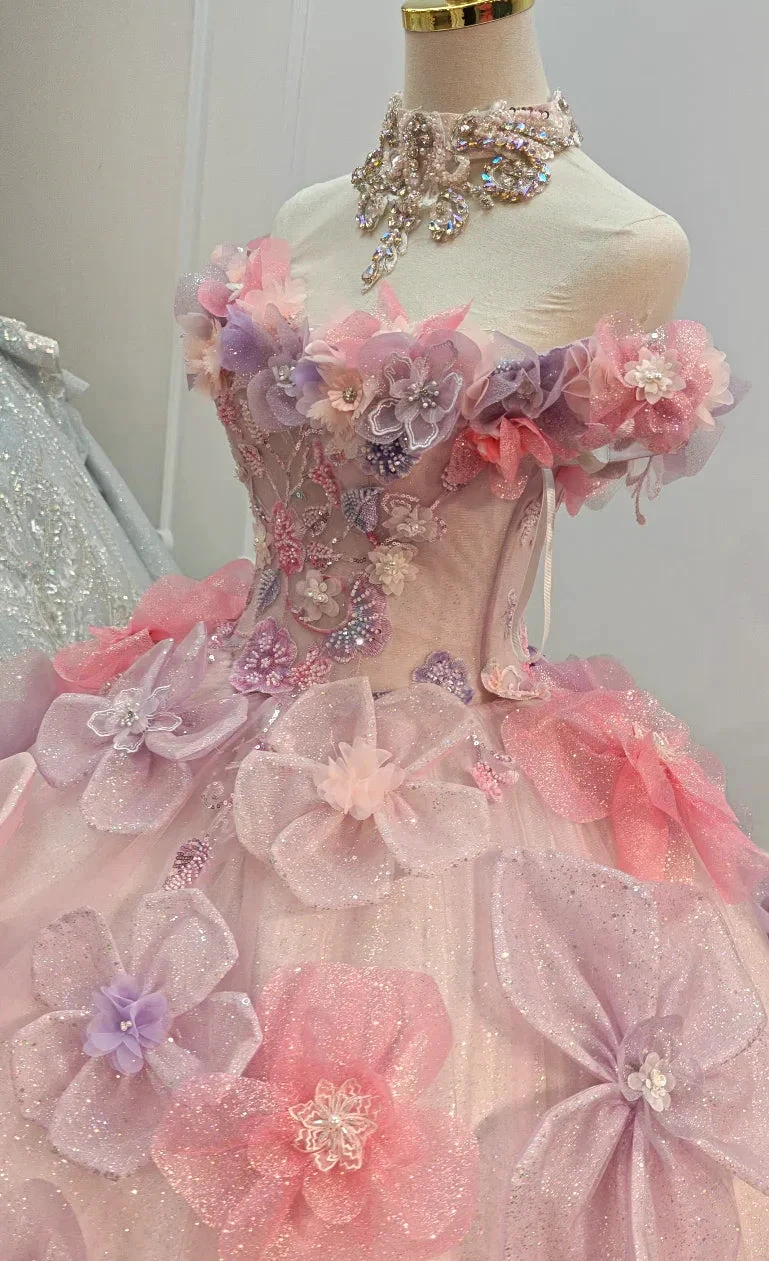 Enchanting Pastel Pink & Purple Off-the-Shoulder Ball Gown Wedding Dress with 3D Glitter Flowers & Crystal Collar Ye-2027 by ZAPDRESS