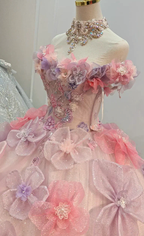 Enchanting Pastel Pink & Purple Off-the-Shoulder Ball Gown Wedding Dress with 3D Glitter Flowers & Crystal Collar Ye-2027 by ZAPDRESS