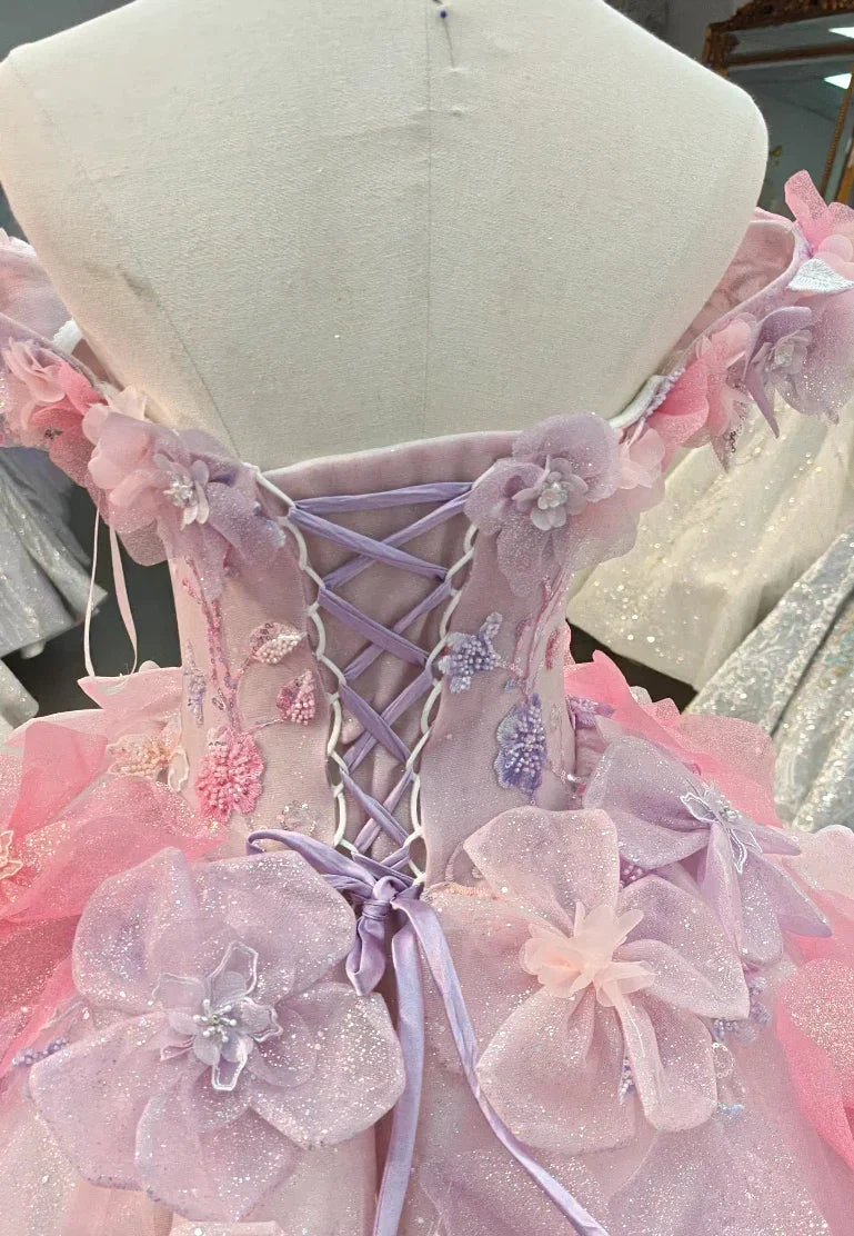Enchanting Pastel Pink & Purple Off-the-Shoulder Ball Gown Wedding Dress with 3D Glitter Flowers & Crystal Collar Ye-2027 by ZAPDRESS