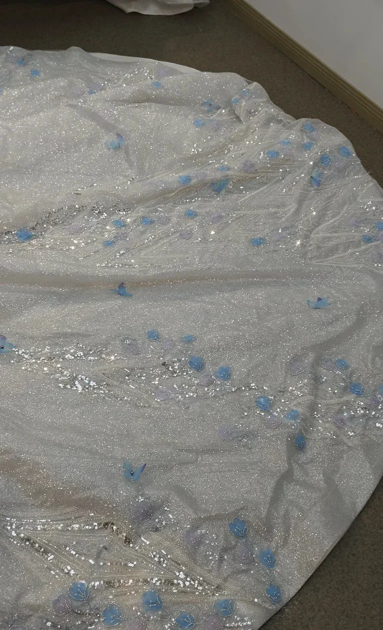 Ethereal Off-the-Shoulder Ball Gown Wedding Dress with Sequin Tulle, 3D Pastel Florals & Feather Accents Ye-2028 by ZAPDRESS