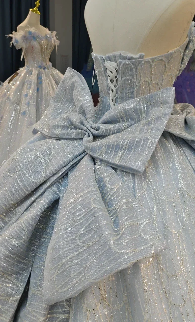 Dreamy Light Blue Sweetheart Ball Gown Wedding Dress with Sequin Tulle, Pearl Beading & Oversized Bow Ye-2029 by ZAPDRESS