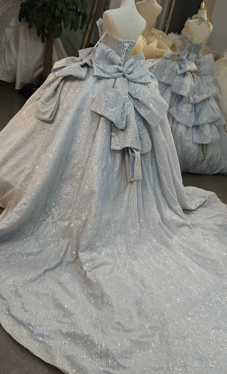 Dreamy Light Blue Sweetheart Ball Gown Wedding Dress with Sequin Tulle, Pearl Beading & Oversized Bow Ye-2029 by ZAPDRESS