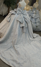 Dreamy Light Blue Sweetheart Ball Gown Wedding Dress with Sequin Tulle, Pearl Beading & Oversized Bow Ye-2029 by ZAPDRESS