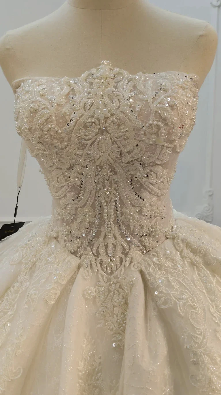 Opulent Strapless Ball Gown Wedding Dress with Pearl Beaded Lace, Sequin Tulle &amp; Corset Lace-Up Back Ye-2030 by ZAPDRESS