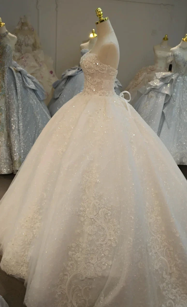 Opulent Strapless Ball Gown Wedding Dress with Pearl Beaded Lace, Sequin Tulle & Corset Lace-Up Back Ye-2030 by ZAPDRESS