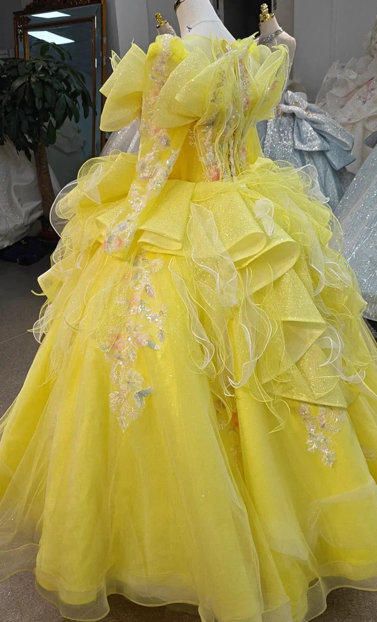 Vibrant Yellow High-Neck Ball Gown Wedding Dress with Ruffled Tulle, 3D Floral Embroidery & Corset Back Ye-2031 by ZAPDRESS