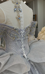 Regal Silver-Gray Off-the-Shoulder Ball Gown Wedding Dress with Crystal Collar, Beaded Embroidery & Tulle Train Ye-2032 by ZAPDRESS