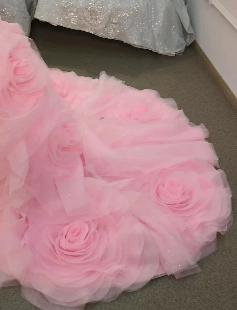 Romantic Blush Pink Strapless Mermaid Wedding Dress with Ruched Bodice &amp; 3D Rose Tulle Skirt Ye-2033 by ZAPDRESS
