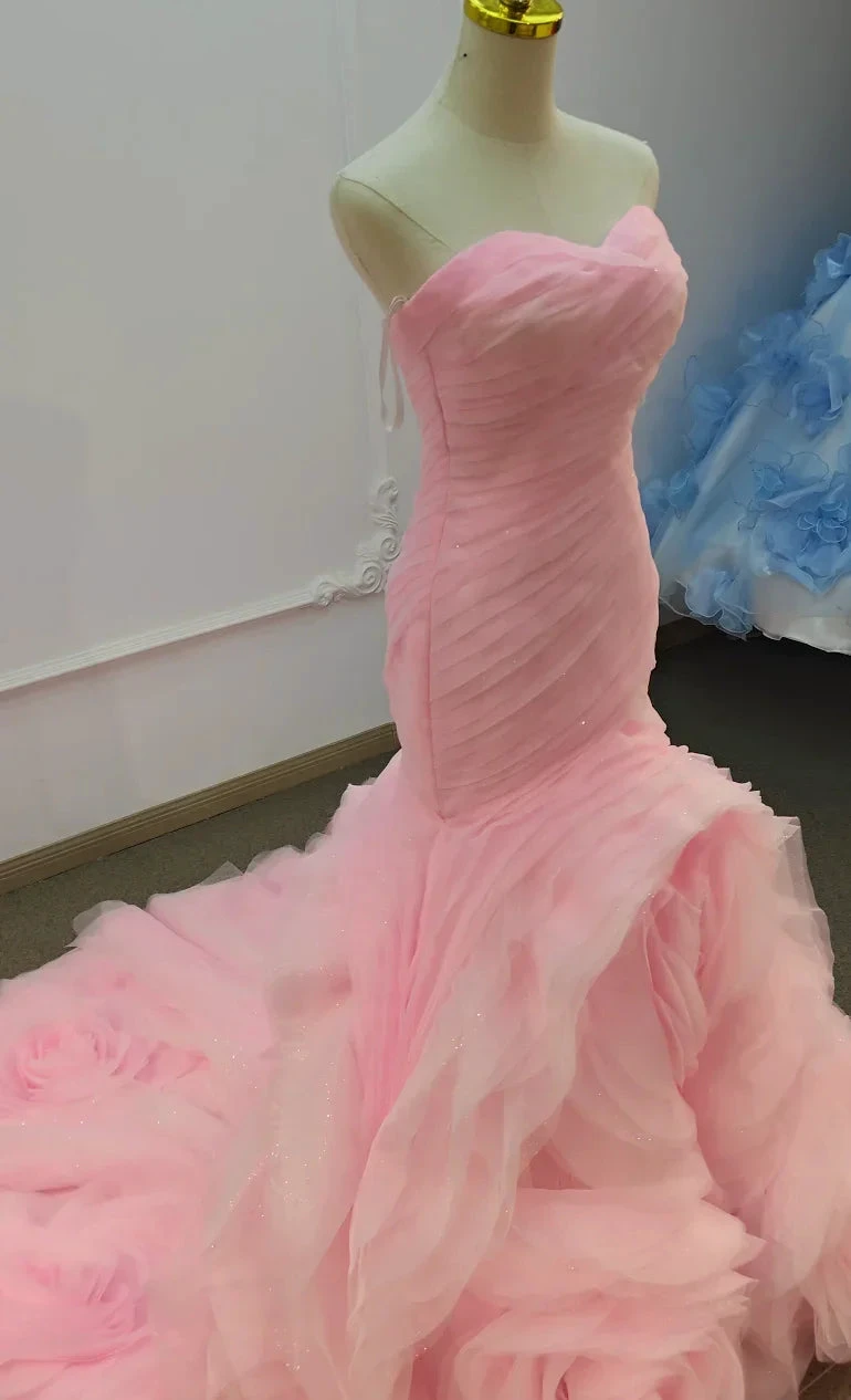 Romantic Blush Pink Strapless Mermaid Wedding Dress with Ruched Bodice & 3D Rose Tulle Skirt Ye-2033 by ZAPDRESS