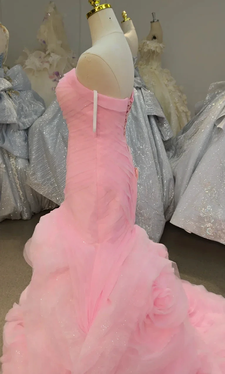 Romantic Blush Pink Strapless Mermaid Wedding Dress with Ruched Bodice &amp; 3D Rose Tulle Skirt Ye-2033 by ZAPDRESS