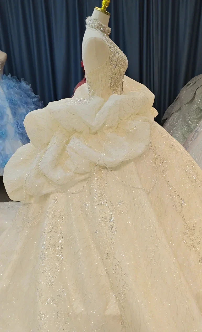 Lavish Halter-Neck Ball Gown Wedding Dress with Pearl Crystal Embroidery & Ruffled Tulle Skirt Ye-2034 by ZAPDRESS