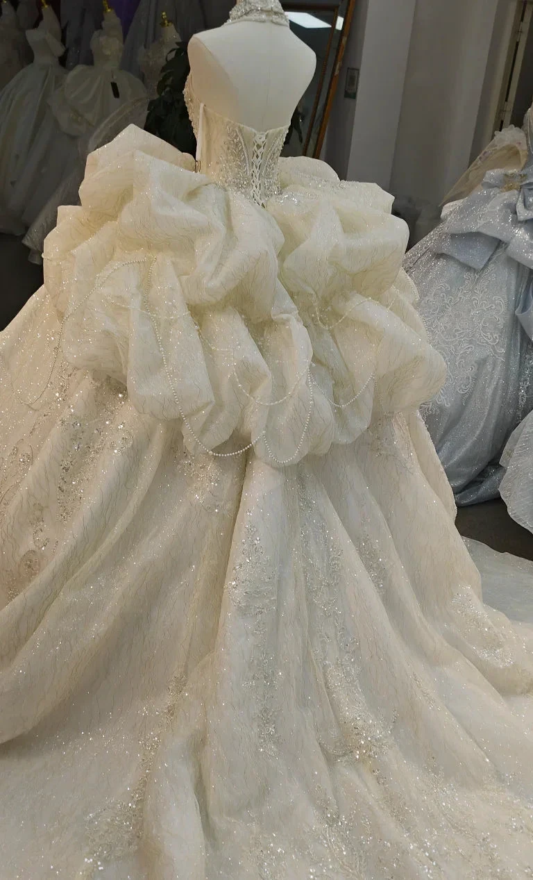 Lavish Halter-Neck Ball Gown Wedding Dress with Pearl Crystal Embroidery & Ruffled Tulle Skirt Ye-2034 by ZAPDRESS