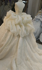 Lavish Halter-Neck Ball Gown Wedding Dress with Pearl Crystal Embroidery & Ruffled Tulle Skirt Ye-2034 by ZAPDRESS