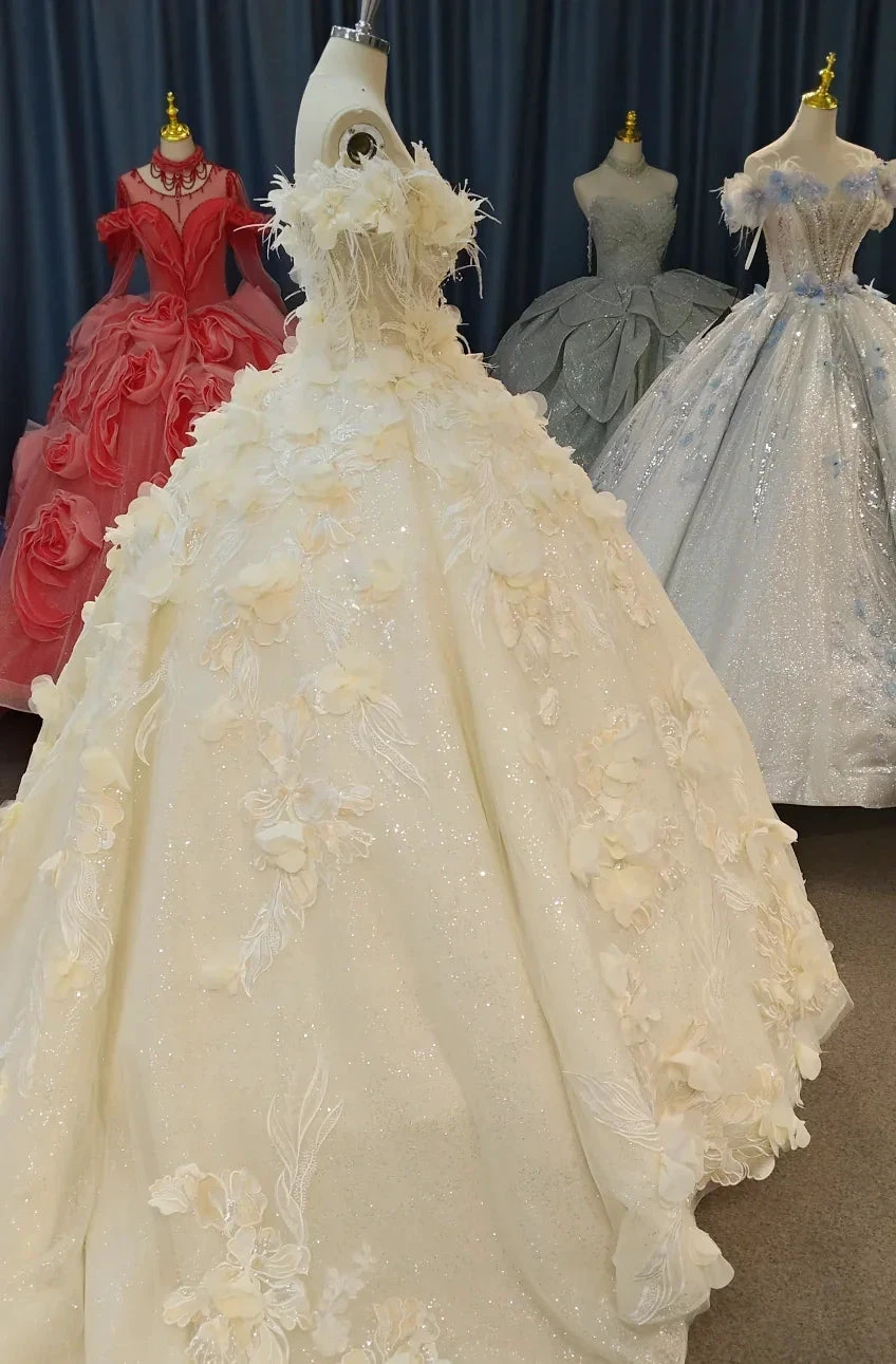 Ethereal Off-the-Shoulder Ball Gown Wedding Dress with 3D Floral Appliqués, Pearl Beading & Glitter Tulle Ye-2038 by ZAPDRESS